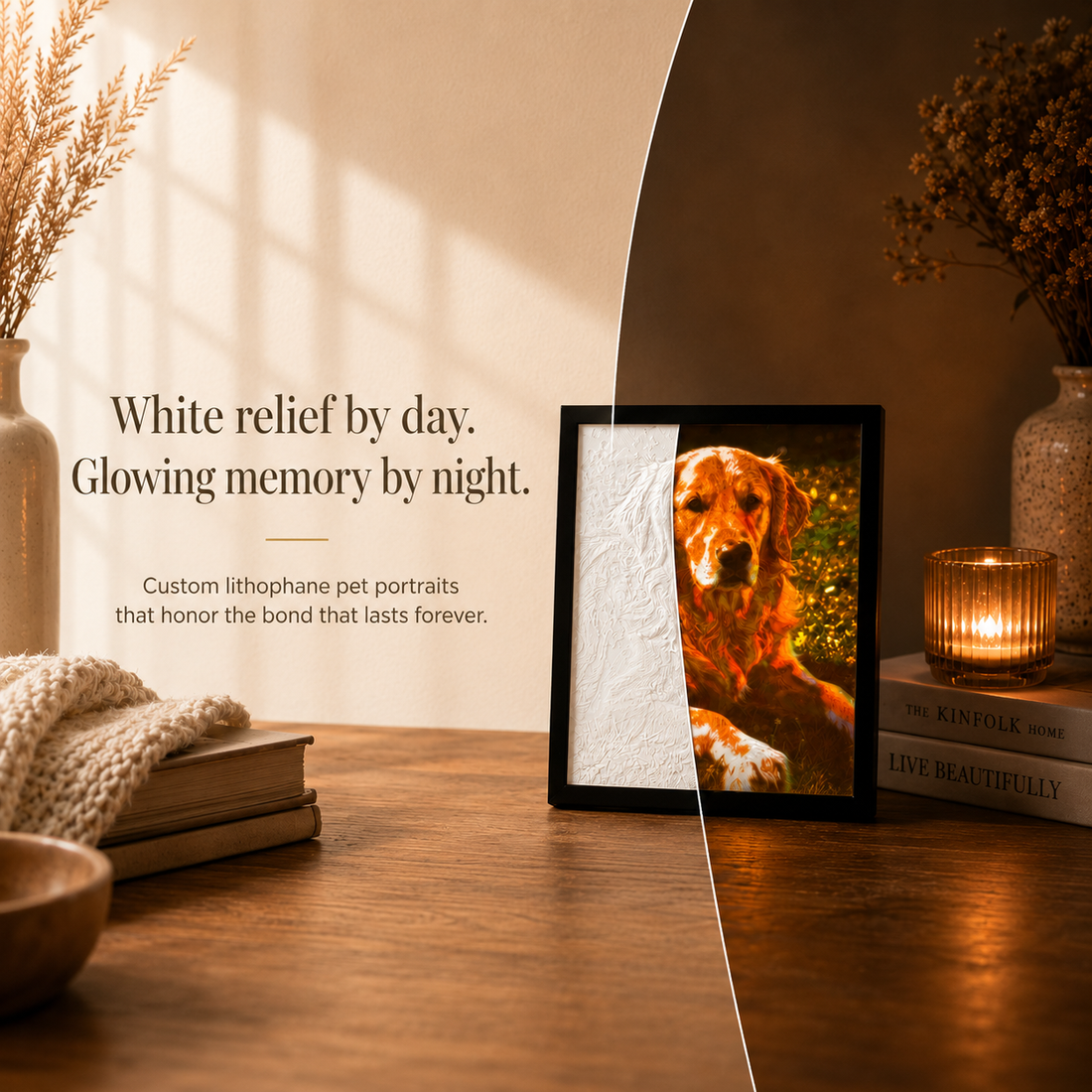 Custom pet lithophane portrait showing white relief by day and soft glowing memory by night