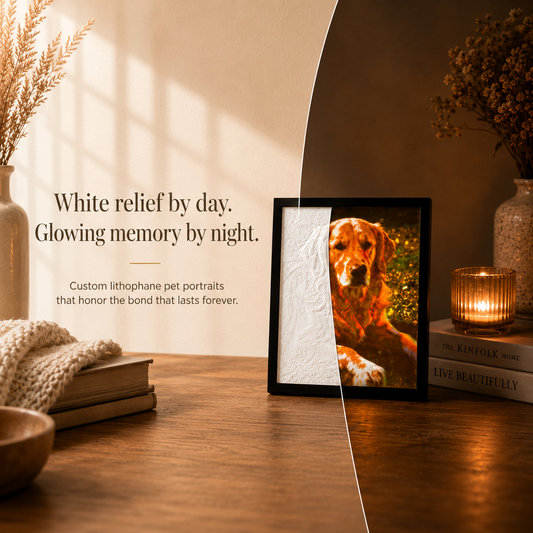 Custom pet lithophane portrait showing white relief by day and soft glowing memory by night