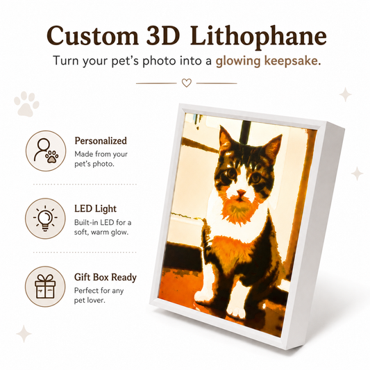 Personalized 3D lithophane pet portrait with warm LED light in a white frame, designed as custom pet photo home decor.