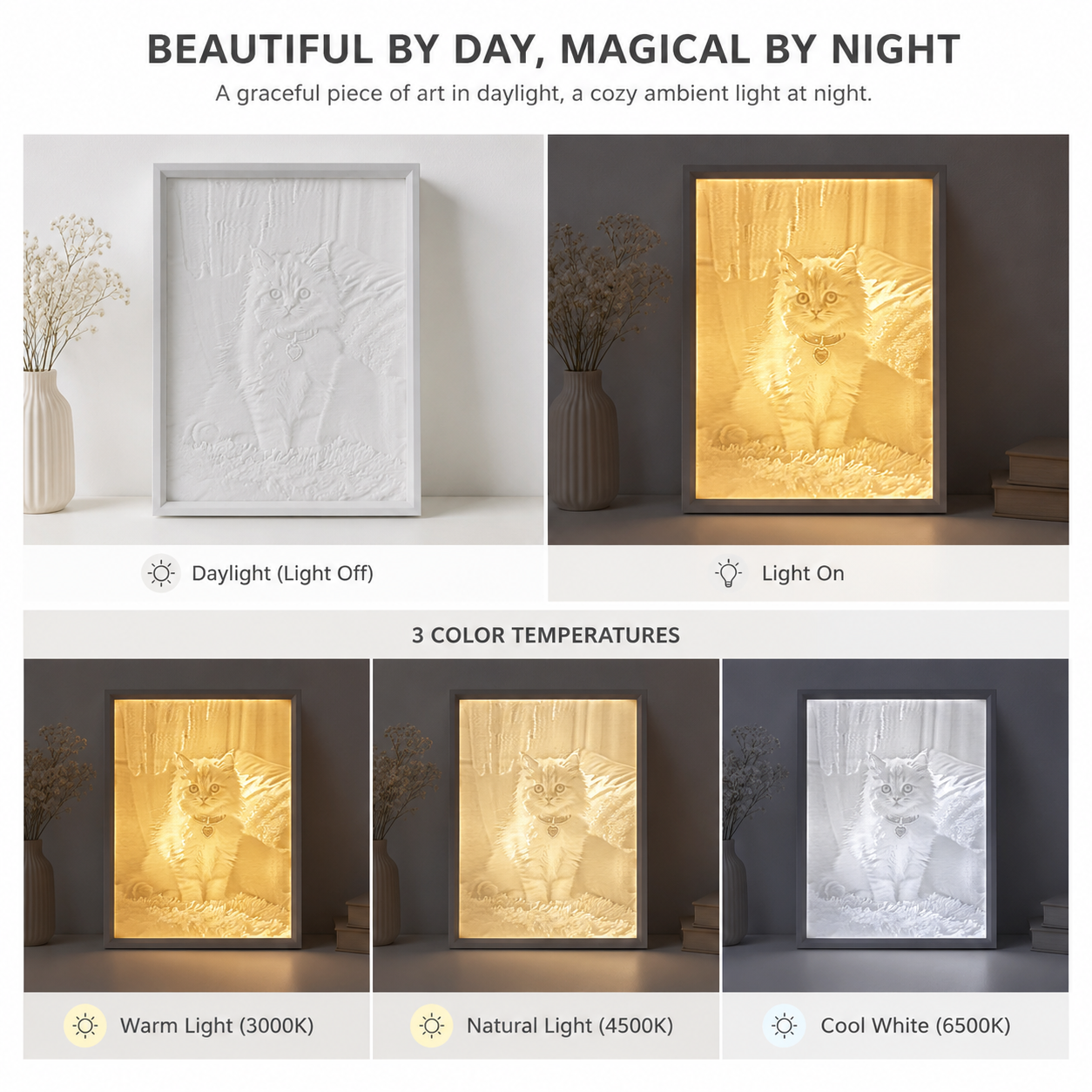 A warm-glowing monochrome cat memorial artwork placed on a bedroom nightstand as a comforting cat or dog sympathy keepsake.