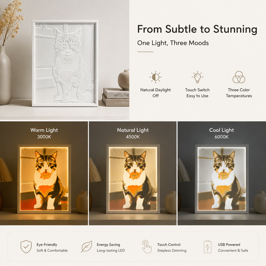 A tailored glowing memory portrait inside a bespoke pet memorial sanctuary, displaying a soothing, multi-toned radiant warmth designed to provide healing comfort.