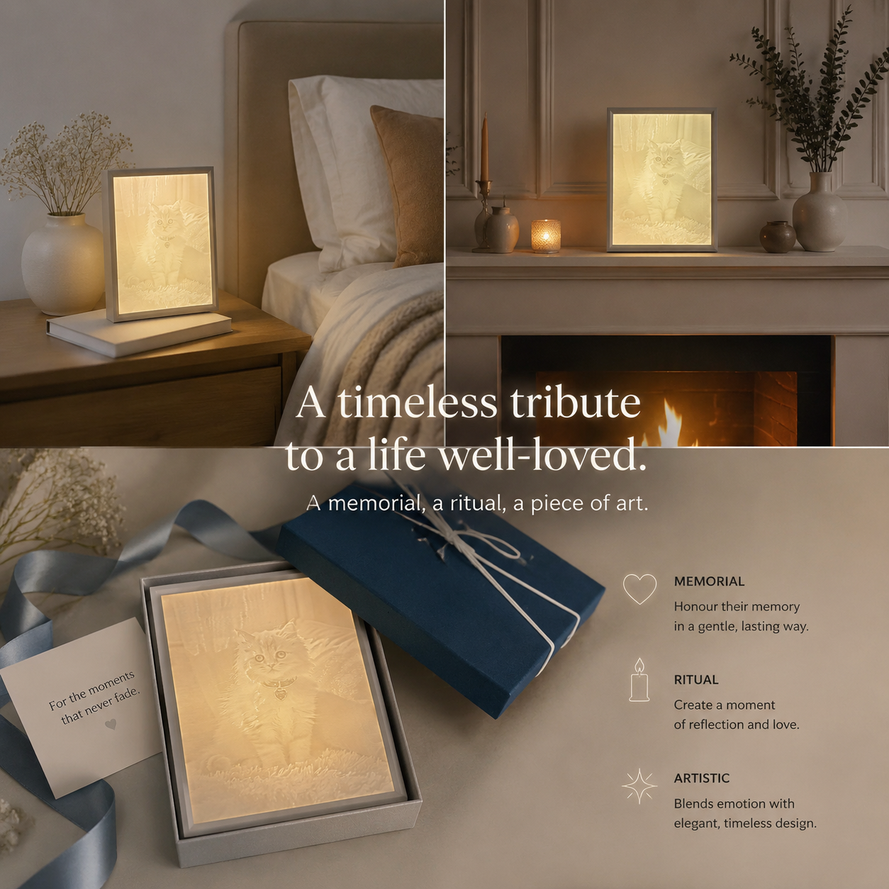 An elegant, premium gift box for the custom monochrome cat memorial sculpture, creating a comforting and honorable unboxing experience.