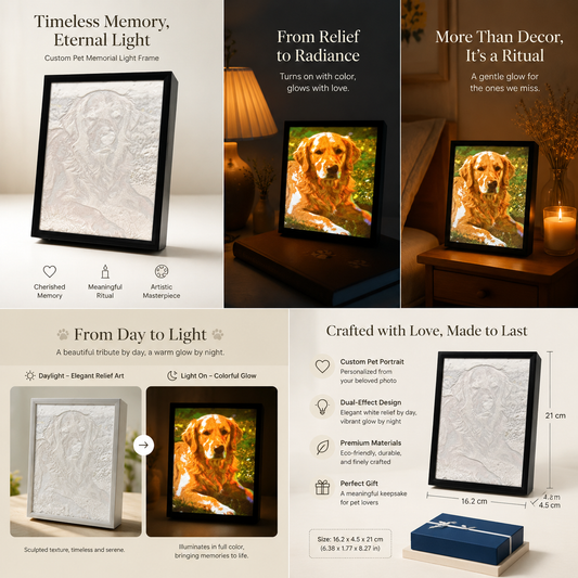 A day and night split view of the color dog loss tribute artwork, showing the relief unlit and a warm glowing portrait when lit in a slim frame.