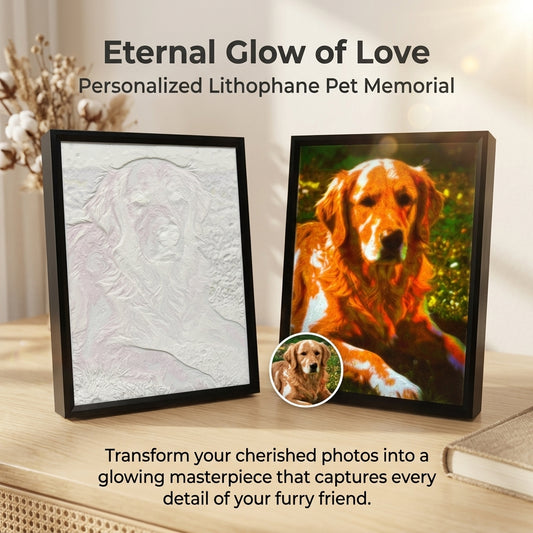 A front view of the glowing dog color memorial sculpture in a warm room, showing a radiant silhouette of a dog , perfect as a custom pet loss gift.