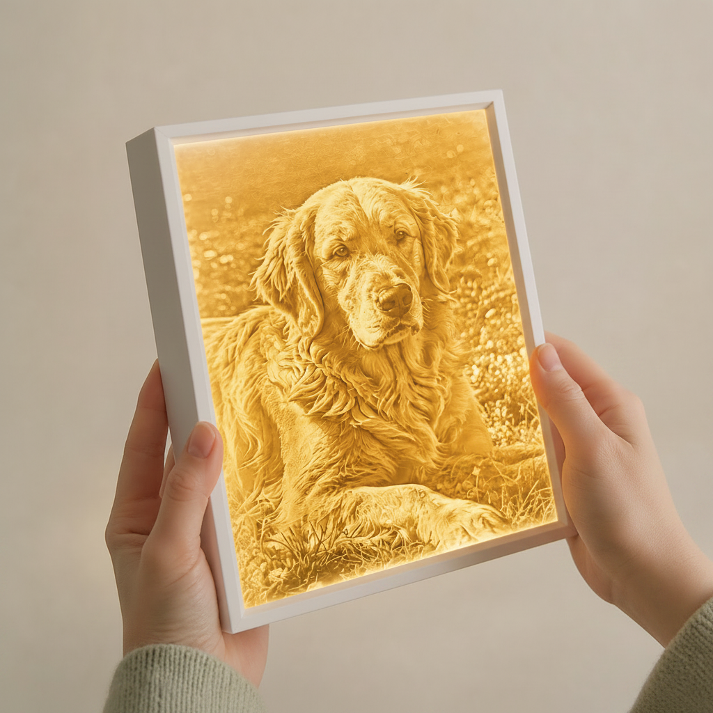 A front view of the glowing monochrome dog memorial sculpture in a warm room, showing a radiant silhouette of a dog, perfect as a custom pet loss gift.