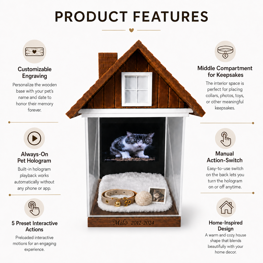Product feature infographic of wooden house pet remembrance box, including preset interactive modes, USB powered and custom engraving details
