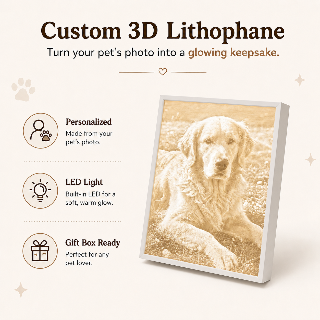 Custom monochrome 3D lithophane dog portrait in a white frame with warm LED light, made from a pet photo as personalized home decor.