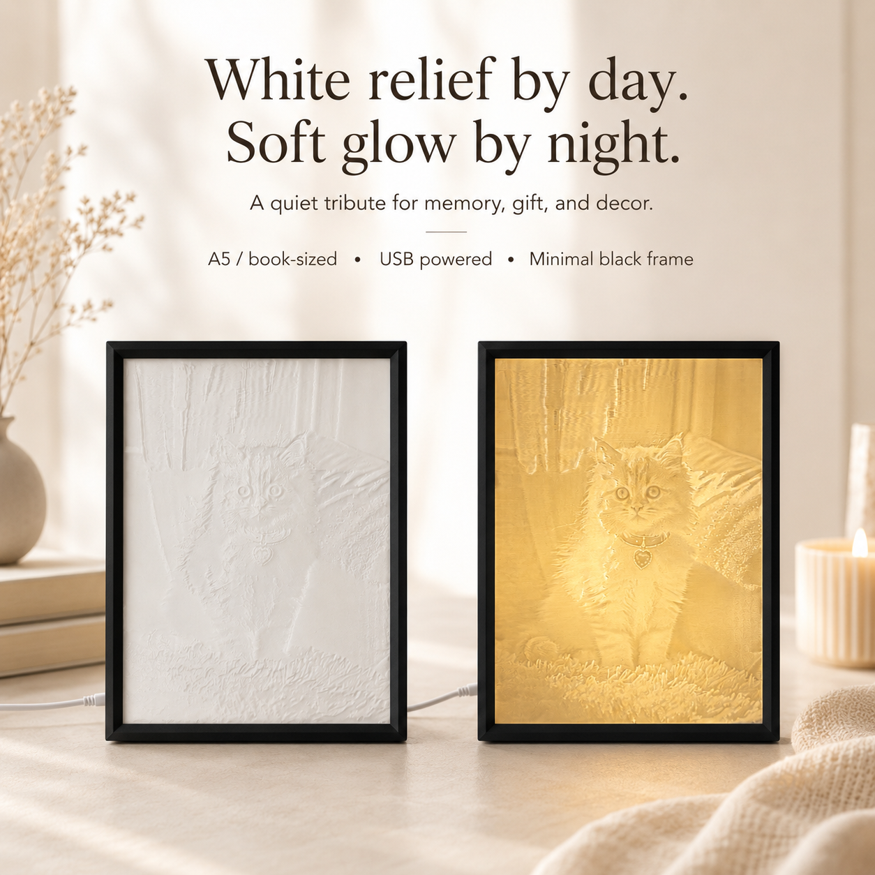 Day and night view of a custom cat lithophane portrait in a slim black frame