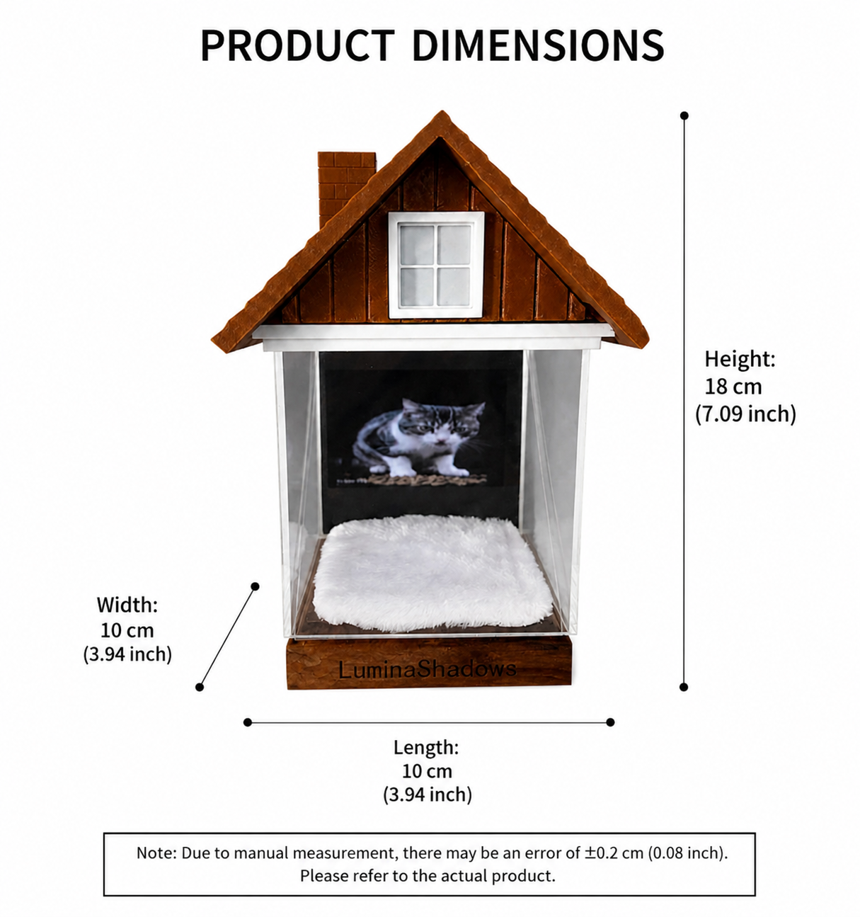 Dimension specification chart for personalized holographic pet urn, accurate size measurement of house-shaped pet loss memorial decor