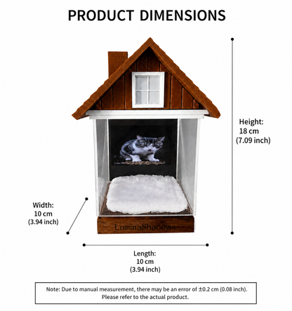 Dimension specification chart for personalized holographic pet urn, accurate size measurement of house-shaped pet loss memorial decor