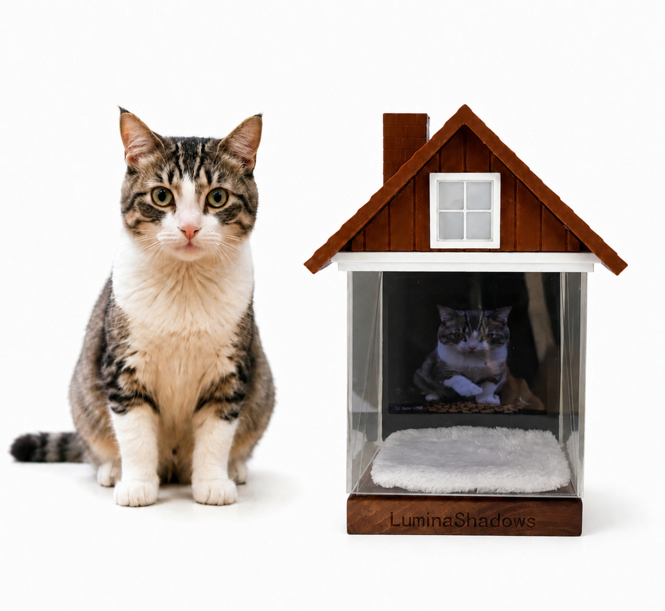 Personalized wooden house shaped pet memorial urn with holographic cat photo, luminous loss of pet keepsake for cat owner bereavement gift