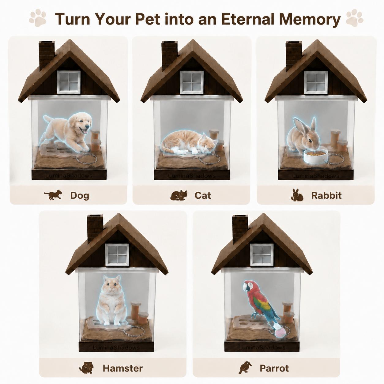 LuminaShadows hologram portrait display for cats, dogs, and rabbits — a personalized pet lover gift 