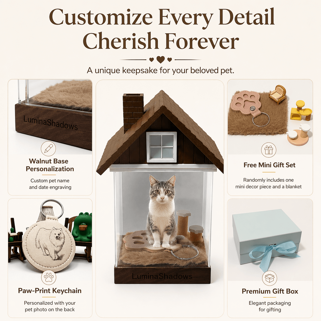Personalized pet hologram house with custom name and date engraved on wooden base, a unique keepsake gift