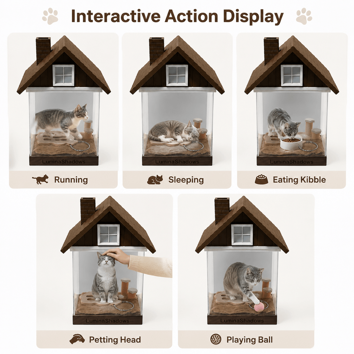 LuminaShadows pet hologram house displaying 5 interactive preset motion modes with easy toggle switch control cat