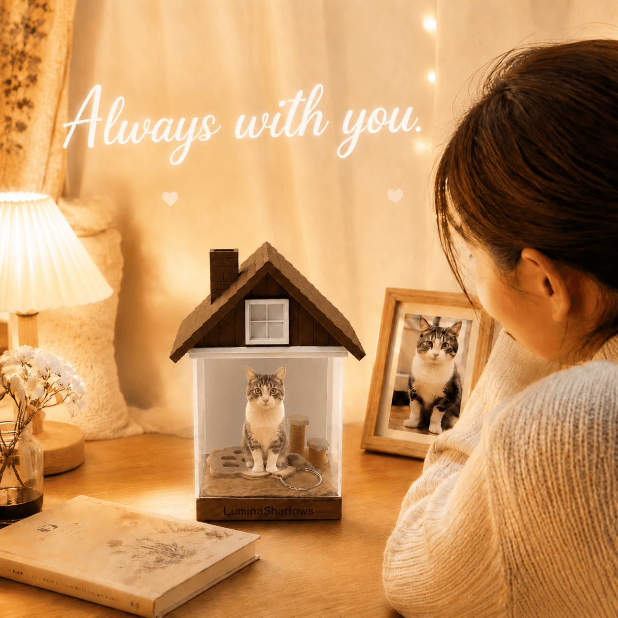 LuminaShadows pet hologram house glowing on a bedroom nightstand, blending warmly with cozy home decor