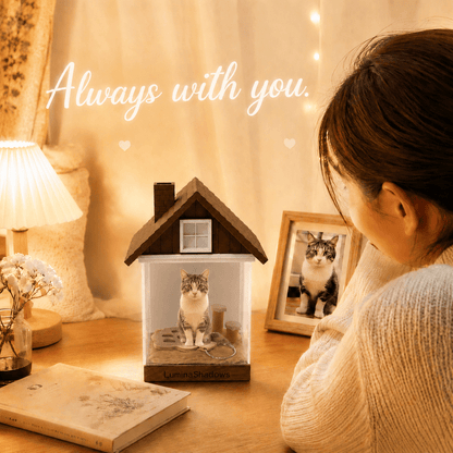 LuminaShadows pet hologram house glowing on a bedroom nightstand, blending warmly with cozy home decor