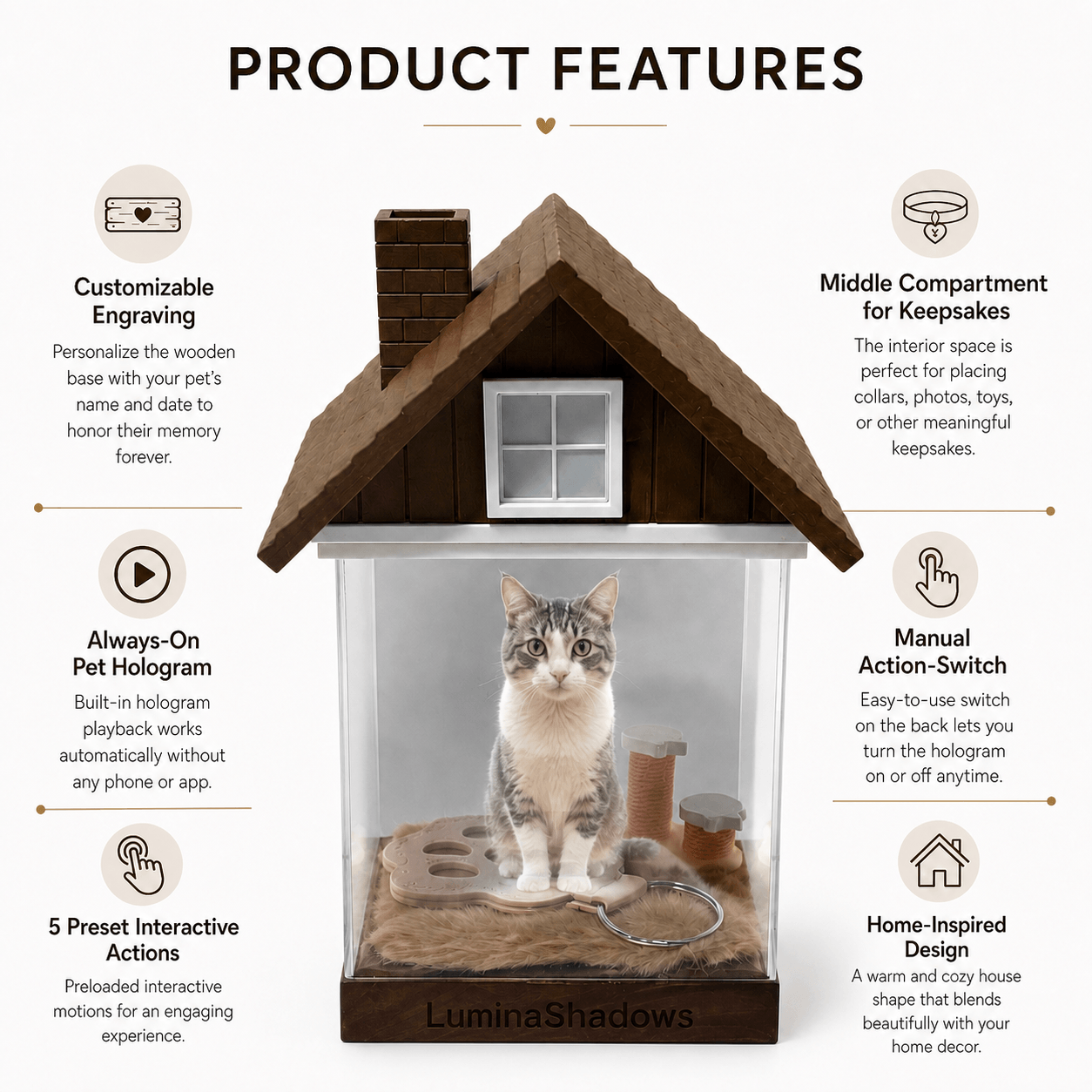 LuminaShadows pet hologram house key features — always-on holographic projection, no phone or app required
