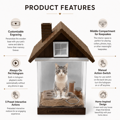 LuminaShadows pet hologram house key features — always-on holographic projection, no phone or app required