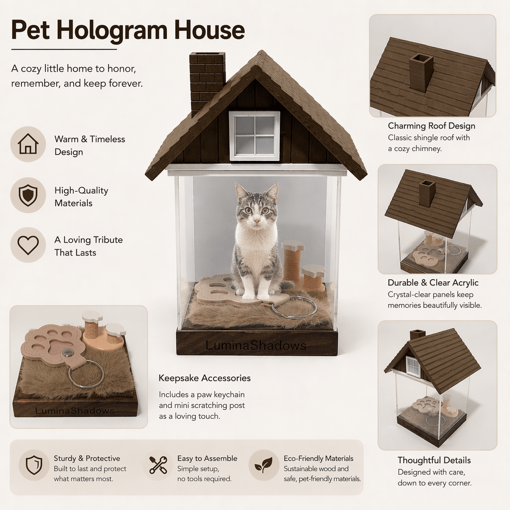 Close-up of LuminaShadows pet hologram house showing engraved wooden base and interior keepsake compartment for collars and photos