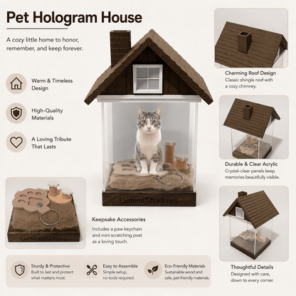 Close-up of LuminaShadows pet hologram house showing engraved wooden base and interior keepsake compartment for collars and photos