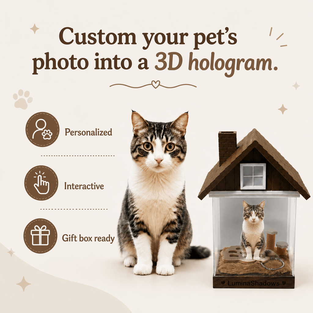 LuminaShadows pet hologram house glowing on a desk, showcasing a lifelike holographic pet portrait display