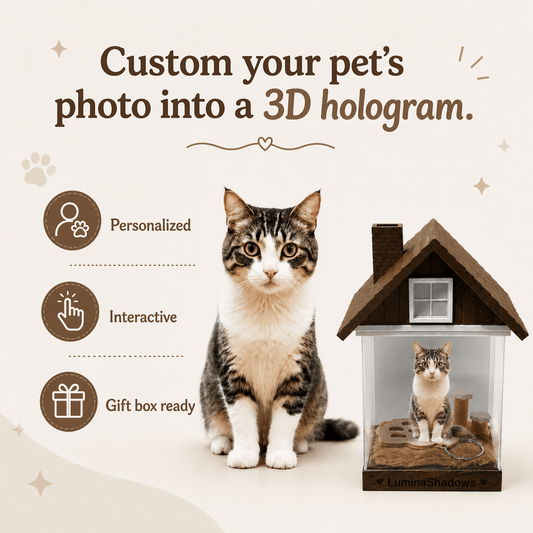 LuminaShadows pet hologram house glowing on a desk, showcasing a lifelike holographic pet portrait display