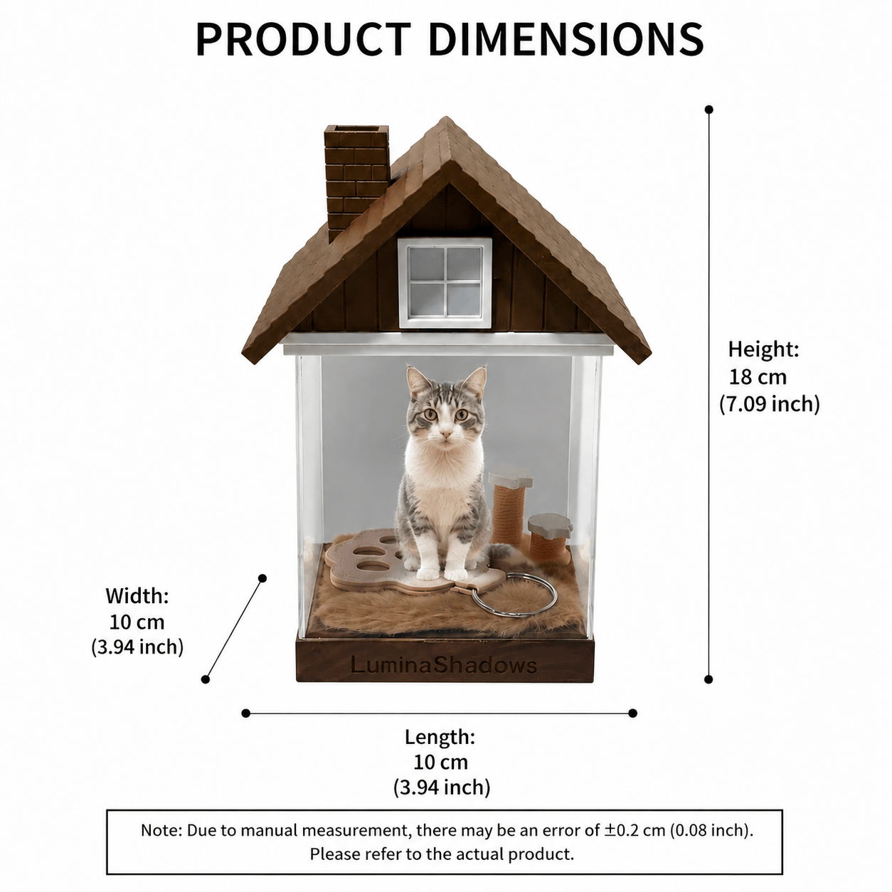 LuminaShadows pet hologram house size guide — 10 x 10 x 18 cm compact design perfect for desk or nightstand