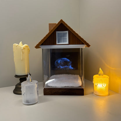 Night ambient display of glowing holographic pet memorial box with candle decor, warm bedside pet memory home ornament