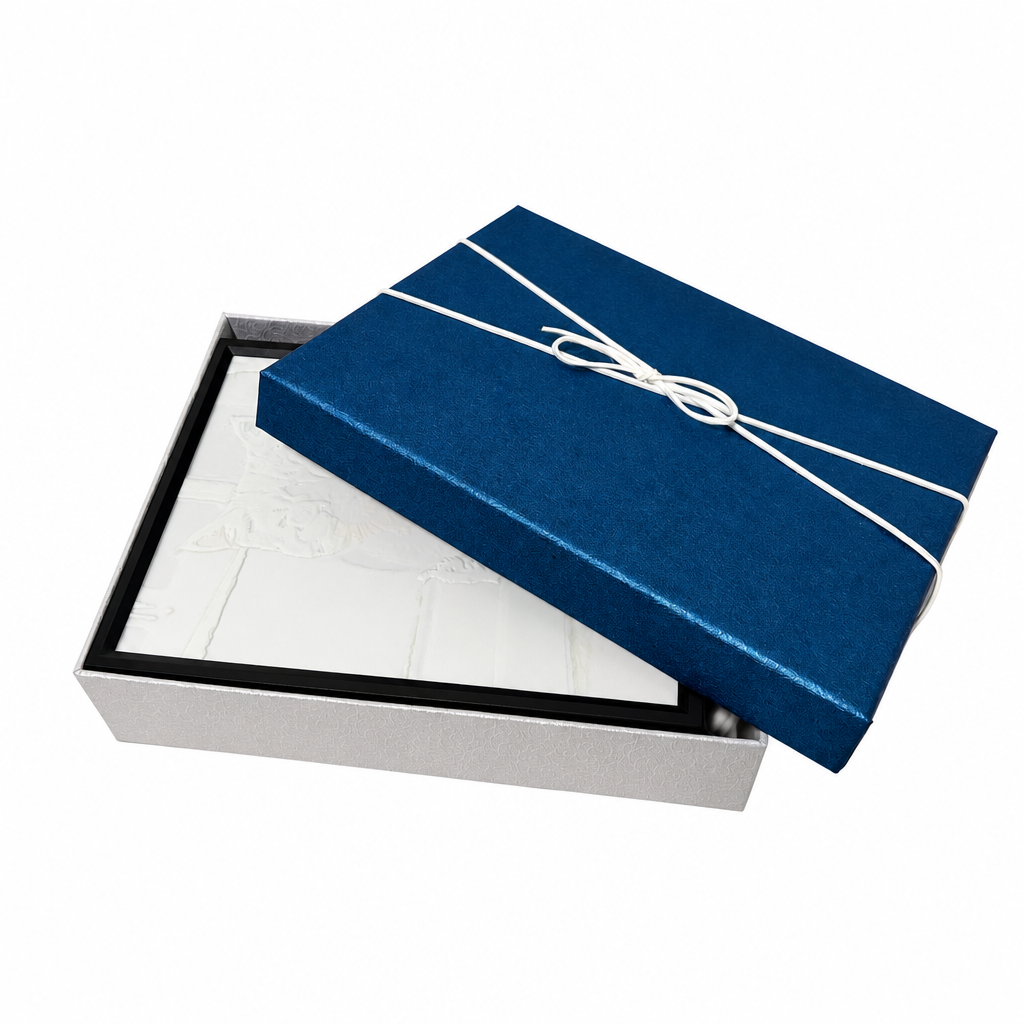 Premium gift box packaging for a custom glowing pet portrait