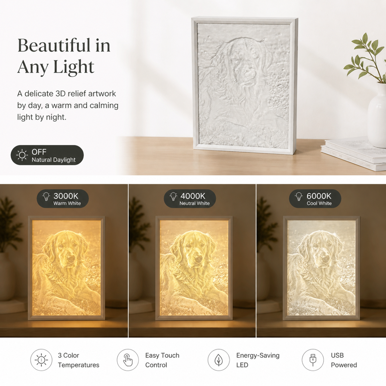 A day and night split view of the monochrome dog loss tribute artwork, showing the relief unlit and a warm glowing portrait when lit in a slim frame.