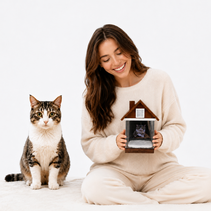 Cozy indoor lifestyle shot: lady sits with cat and holds luminous holographic pet remembrance urn, heartfelt pet bereavement decor