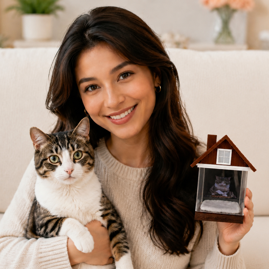 Smiling pet mom holds custom holographic cat memorial keepsake alongside her beloved cat, sentimental sympathy gift for grieving pet parents