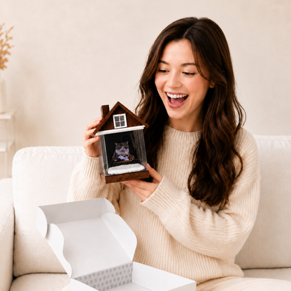 Happy pet parent unboxes personalized house-style holographic pet memorial keepsake, unique thoughtful sympathy gift for lost pet
