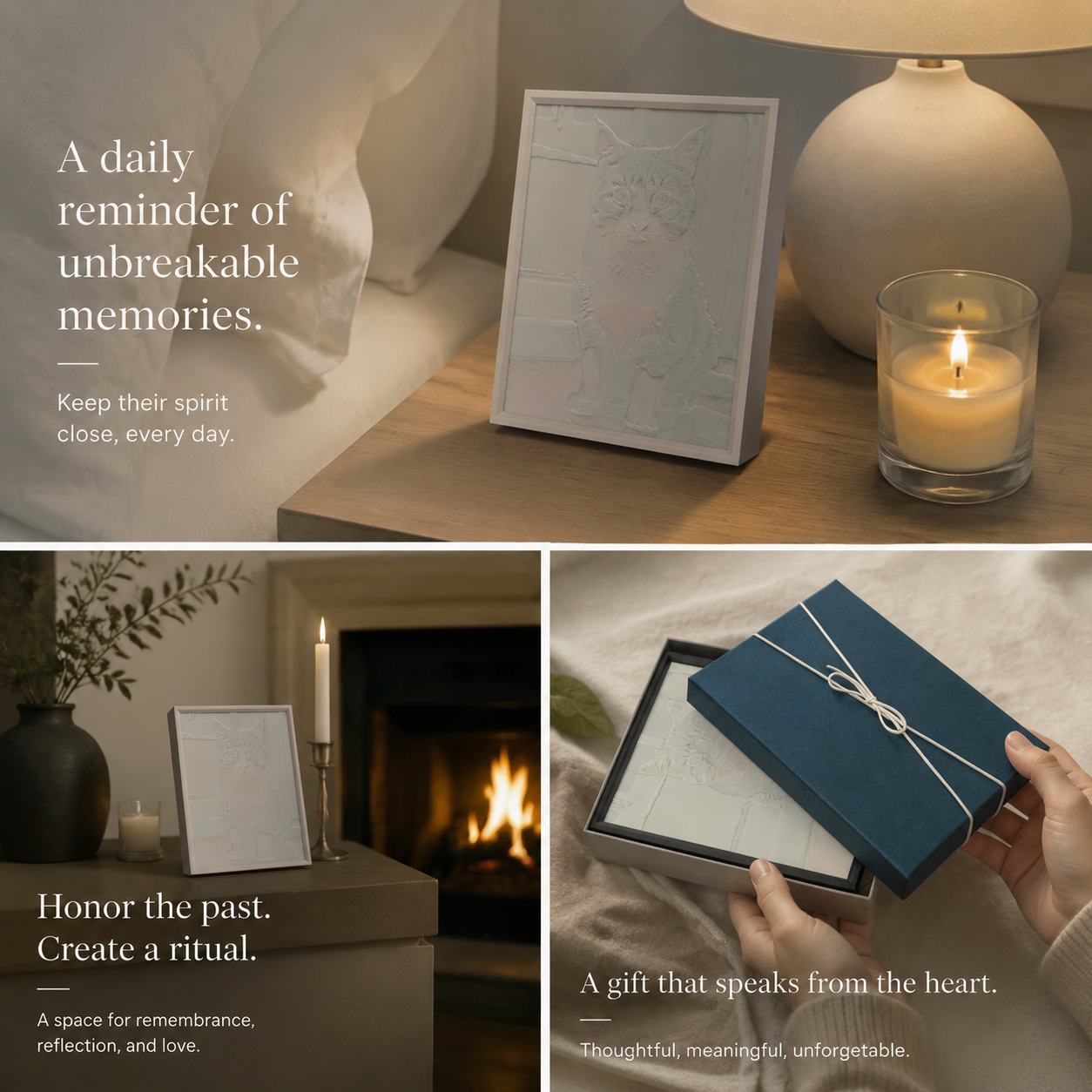 An elegant, securely packed premium gift box for the custom cat and dog memorial sculpture, creating a comforting and honorable unboxing experience as a pet bereavement gift.