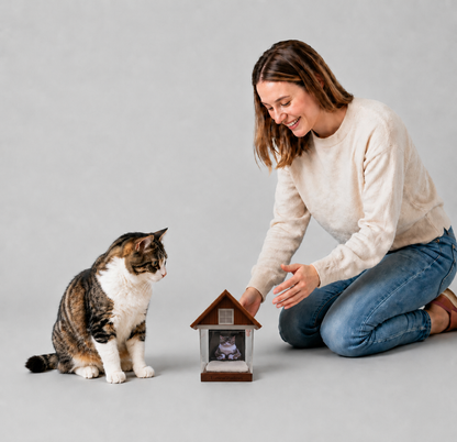 Pet owner kneels beside cat and custom holographic pet memorial box, warm home display scene for precious pet memory